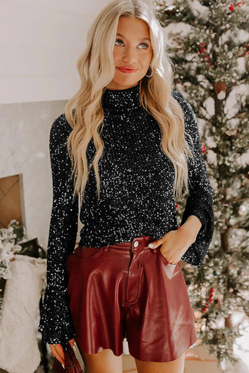 Sequin Mock Neck Drape Open Back Bell Sleeve Lined Top